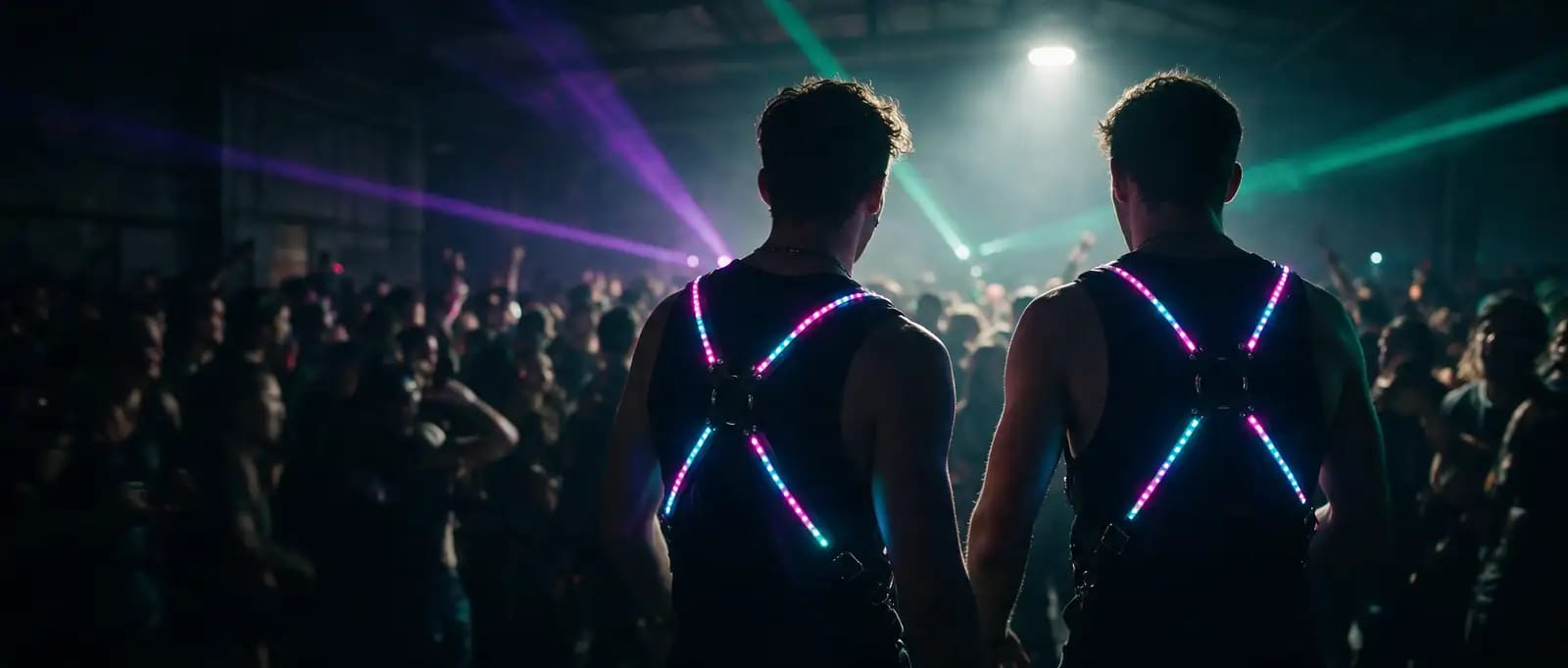 Duo in dunklem Warehouse mit LED-Harness
