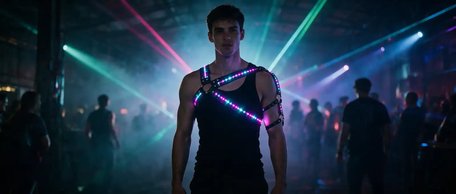 Mann von vorne mit asymmetrischem LED-Harness