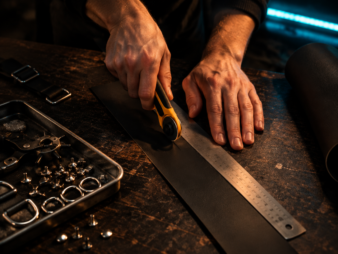 Cutting PU faux leather straps on a workshop bench