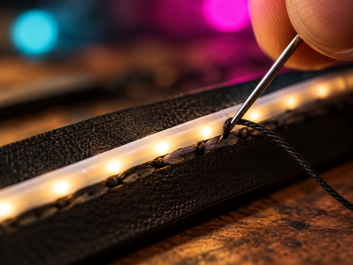 Hand-sewing a diffused LED strip along a strap seam