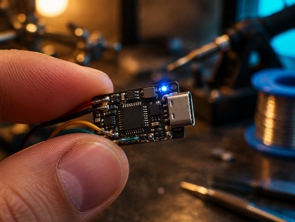 Macro of the tiny ESP32-C3 controller between fingertips
