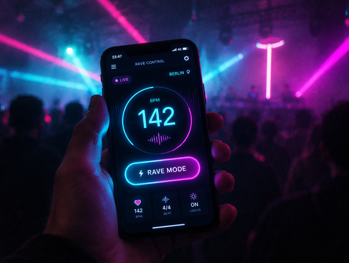 ravewear app RAVE MODE dashboard glowing in a dark club