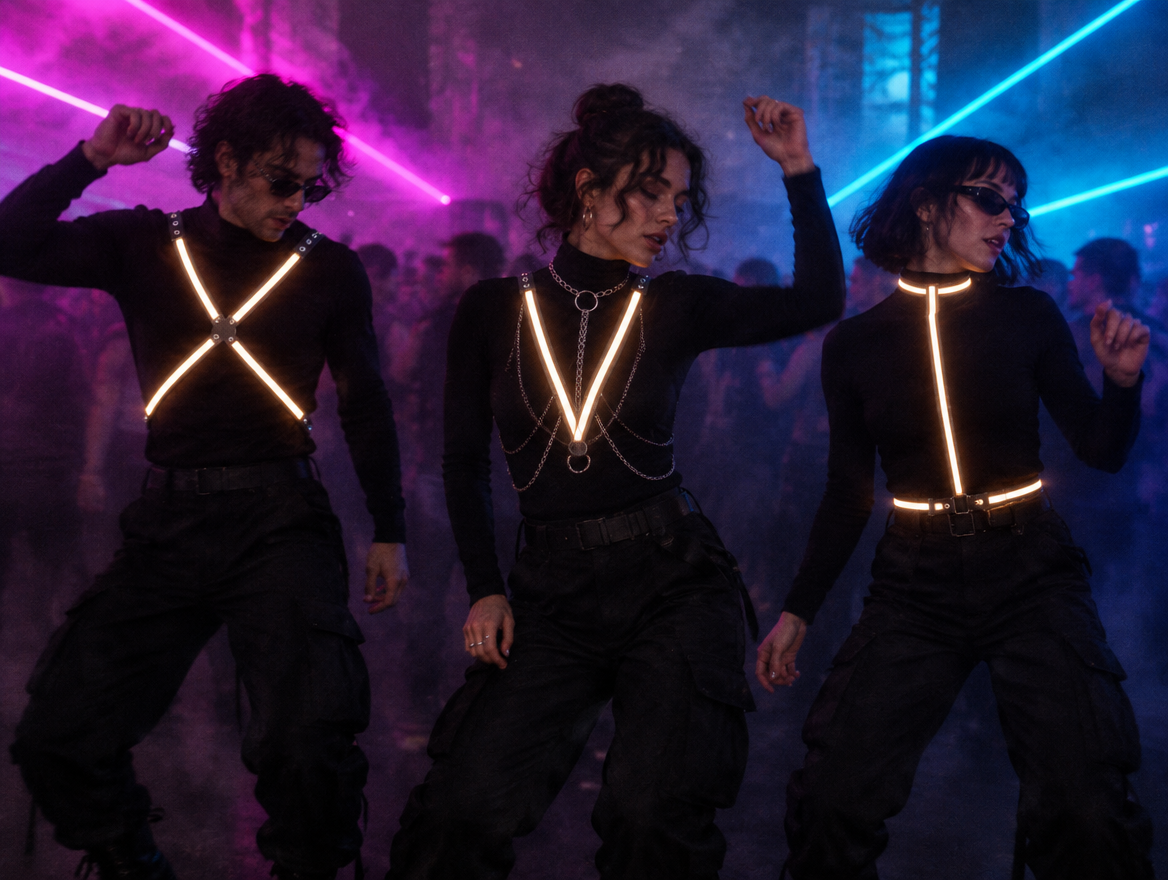 Three ravers on the floor, LED harnesses synced to the beat