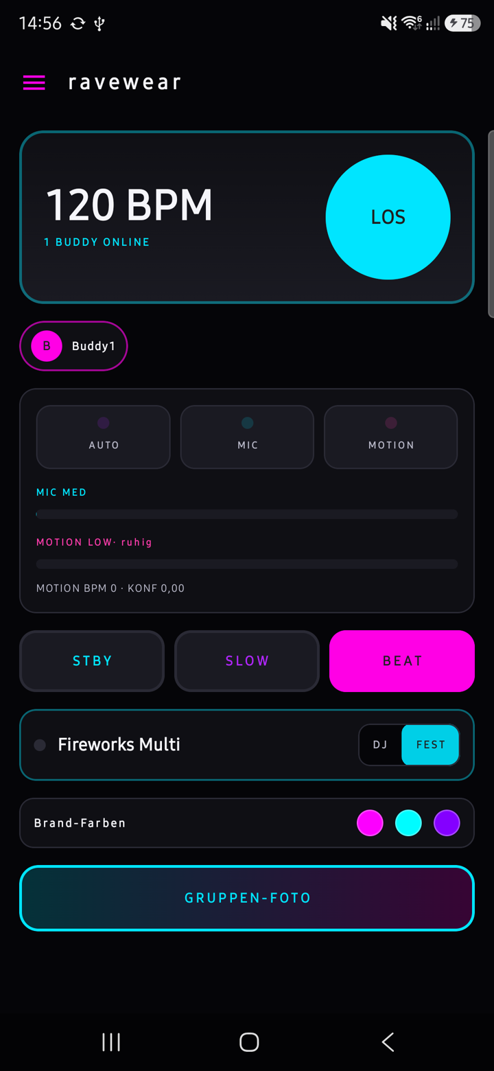 ravewear BEAT trigger active, Fireworks Multi selected, FEST filter on